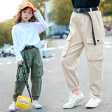 Pants for Kids Girls Cargo Pants Pure Color Cool Trousers Pocket Loose Sport Pant High Waist Elastic Baby Girl Teen 5-14 Years Children Cotton Casual Running Pants Clothing