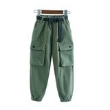 Pants for Kids Girls Cargo Pants Pure Color Cool Trousers Pocket Loose Sport Pant High Waist Elastic Baby Girl Teen 5-14 Years Children Cotton Casual Running Pants Clothing