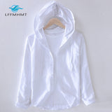 Men Spring And Autumn Fashion Brand Japan Style Striped Cotton Linen Hooded Shirt Male Casual Long Sleeve White Shirt Cloth