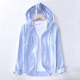 Men Spring And Autumn Fashion Brand Japan Style Striped Cotton Linen Hooded Shirt Male Casual Long Sleeve White Shirt Cloth