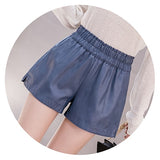shintimes Elastic High Waist Wide Leg Biker Shorts Autumn PU Leather Shorts Women Plus Size Femme Casual Ladies Shorts Black