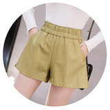 shintimes Elastic High Waist Wide Leg Biker Shorts Autumn PU Leather Shorts Women Plus Size Femme Casual Ladies Shorts Black