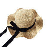 Girls Summer Cap Black Ribbon Decorate Wavy Straw Hat For Girls Children Panama Hat Kids Sun Cap Baby Beach Hats