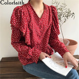 Colorfaith New 2020 Women Spring Summer Blouse Shirts V-Neck Single Breasted Dot Casual Butterfly Sleeve Chiffon Red Tops BL8895