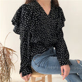 Colorfaith New 2020 Women Spring Summer Blouse Shirts V-Neck Single Breasted Dot Casual Butterfly Sleeve Chiffon Red Tops BL8895