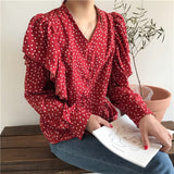 Colorfaith New 2020 Women Spring Summer Blouse Shirts V-Neck Single Breasted Dot Casual Butterfly Sleeve Chiffon Red Tops BL8895