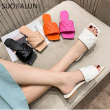 SUOJIALUN 2020 Square Toe Slippers Flat Heel Women Embroidery Diamond Slides Shoes Summer Outdoor Beach Sandal Slipper Flip Flop