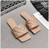 SUOJIALUN 2020 Square Toe Slippers Flat Heel Women Embroidery Diamond Slides Shoes Summer Outdoor Beach Sandal Slipper Flip Flop