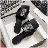 SUOJIALUN 2020 Square Toe Slippers Flat Heel Women Embroidery Diamond Slides Shoes Summer Outdoor Beach Sandal Slipper Flip Flop