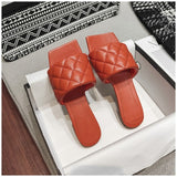 SUOJIALUN 2020 Square Toe Slippers Flat Heel Women Embroidery Diamond Slides Shoes Summer Outdoor Beach Sandal Slipper Flip Flop