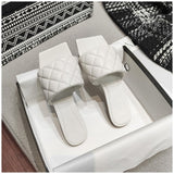 SUOJIALUN 2020 Square Toe Slippers Flat Heel Women Embroidery Diamond Slides Shoes Summer Outdoor Beach Sandal Slipper Flip Flop