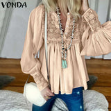 VONDA 2020 Women Blouses And Tops Spring Summer Sexy V Neck Long Lantern Sleeve Shirts Femme Solid Color Party Blusas S-5XL