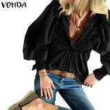 VONDA 2020 Women Blouses And Tops Spring Summer Sexy V Neck Long Lantern Sleeve Shirts Femme Solid Color Party Blusas S-5XL