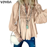 VONDA 2020 Women Blouses And Tops Spring Summer Sexy V Neck Long Lantern Sleeve Shirts Femme Solid Color Party Blusas S-5XL