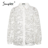 Simplee Vintage embroidery lace women blouse shirt Long sleeve button white female top shirt Elegant office ladies chic blouses