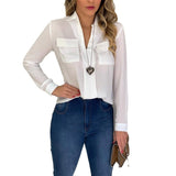 Summer White Chiffon Blouse Women 2020 Long Sleeve V-neck Pockets Womens Tops And Blouses Blusas
