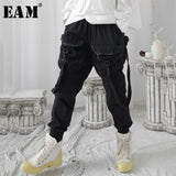 [EAM] High Elastic Waist Black Buckle Split Harem Trousers New Loose Fit Pants Women Fashion Tide Spring Summer 2020 1U334