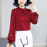 Korean Fashion Silk Women Blouses Elegant Women Satin Blouse Shirts Lady Lantern Sleeve Hollow Out Blouses Shirt Plus Size Tops