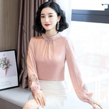 Korean Fashion Silk Women Blouses Elegant Women Satin Blouse Shirts Lady Lantern Sleeve Hollow Out Blouses Shirt Plus Size Tops