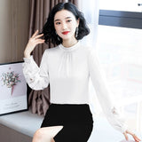 Korean Fashion Silk Women Blouses Elegant Women Satin Blouse Shirts Lady Lantern Sleeve Hollow Out Blouses Shirt Plus Size Tops