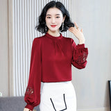 Korean Fashion Silk Women Blouses Elegant Women Satin Blouse Shirts Lady Lantern Sleeve Hollow Out Blouses Shirt Plus Size Tops