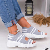 new women summer vulcanize shoes striped thick bottom sports fish mouth shoes casual slip on ladies plus size shoes sneakers