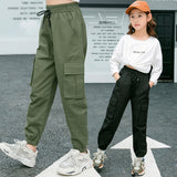 Pants for Kids Girls Cargo Pants Pure Color Trousers Pocket Loose Sport Pants High Waist Elastic Children Casual Running Pants