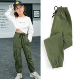 Pants for Kids Girls Cargo Pants Pure Color Trousers Pocket Loose Sport Pants High Waist Elastic Children Casual Running Pants