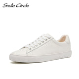 Smile Circle White Sneakers Women Genuine Leather Low-Heel Flat Platform Ladies Lace-Up Fashion White Shoes Women size 36-42