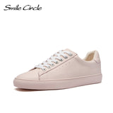 Smile Circle White Sneakers Women Genuine Leather Low-Heel Flat Platform Ladies Lace-Up Fashion White Shoes Women size 36-42