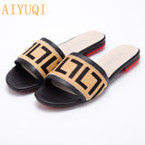 AIYUQI Women Slippers 2020 New summer Genuine Leather Flat Women slides  Mohair Casual Outdoor Slippers Women shoes