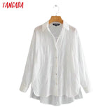 Tangada women embroidery white cotton shirts long sleeve solid elegant office ladies work wear blouses 3A80