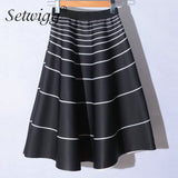SETWIGG Spring Thick Long Skater Skirts Hepburn Style Elastic Waist Thin Striped Long A-line Flare Skirt