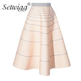 SETWIGG Spring Thick Long Skater Skirts Hepburn Style Elastic Waist Thin Striped Long A-line Flare Skirt