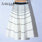 SETWIGG Spring Thick Long Skater Skirts Hepburn Style Elastic Waist Thin Striped Long A-line Flare Skirt