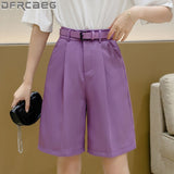 New 2020 Wide Leg Loose Bermuda Shorts For Women High Waist Purple Or Black Cotton Shorts Free Belt High Quality Bermuda Femme