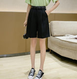 New 2020 Wide Leg Loose Bermuda Shorts For Women High Waist Purple Or Black Cotton Shorts Free Belt High Quality Bermuda Femme