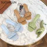 SUOJIALUN 2020 New Design Weave Women Slipper Ladies Thin High Heel Sandal Open Toe Slip On Summer Outdoor Slides Flip Flop Shoe