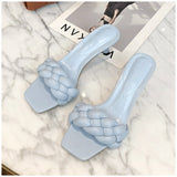SUOJIALUN 2020 New Design Weave Women Slipper Ladies Thin High Heel Sandal Open Toe Slip On Summer Outdoor Slides Flip Flop Shoe