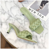 SUOJIALUN 2020 New Design Weave Women Slipper Ladies Thin High Heel Sandal Open Toe Slip On Summer Outdoor Slides Flip Flop Shoe