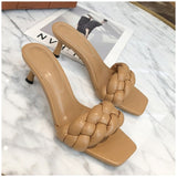 SUOJIALUN 2020 New Design Weave Women Slipper Ladies Thin High Heel Sandal Open Toe Slip On Summer Outdoor Slides Flip Flop Shoe