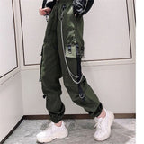 Women's Cargo Pants Buckle Ribbon Pocket Jogger Elastic Waist High Streetwear Harajuku Pant Punk Ring Chain Females Trousers
