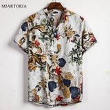 Summer Man Shirt Mens Ethnic Printed Stand Collar Cotton Linen Stripe Short Sleeve Loose Hawaiian Henley Shirt hawaiian shirt