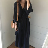 Korean Lace-up Long Shirt Dress Office Lady Casual Work Turn Down Collar Long Sleeve Dark Blue Loose Shirts Dress Women Blouse