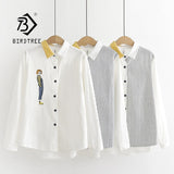 New Arrival Women Cartoon Embroidery Cotton White Shirt Turn Down Collar Long Sleeve Blouse Striped Patchwork Casual Tops T04313