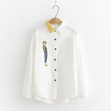 New Arrival Women Cartoon Embroidery Cotton White Shirt Turn Down Collar Long Sleeve Blouse Striped Patchwork Casual Tops T04313