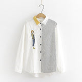 New Arrival Women Cartoon Embroidery Cotton White Shirt Turn Down Collar Long Sleeve Blouse Striped Patchwork Casual Tops T04313