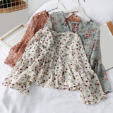 Korean Chiffon Floral Print Women's Blouse Sweet Petal Sleeve V-neck Ruffle Hem Top Female 2020 Spring Summer Sweet Lady Blouses