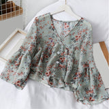 Korean Chiffon Floral Print Women's Blouse Sweet Petal Sleeve V-neck Ruffle Hem Top Female 2020 Spring Summer Sweet Lady Blouses