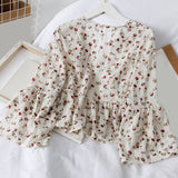 Korean Chiffon Floral Print Women's Blouse Sweet Petal Sleeve V-neck Ruffle Hem Top Female 2020 Spring Summer Sweet Lady Blouses